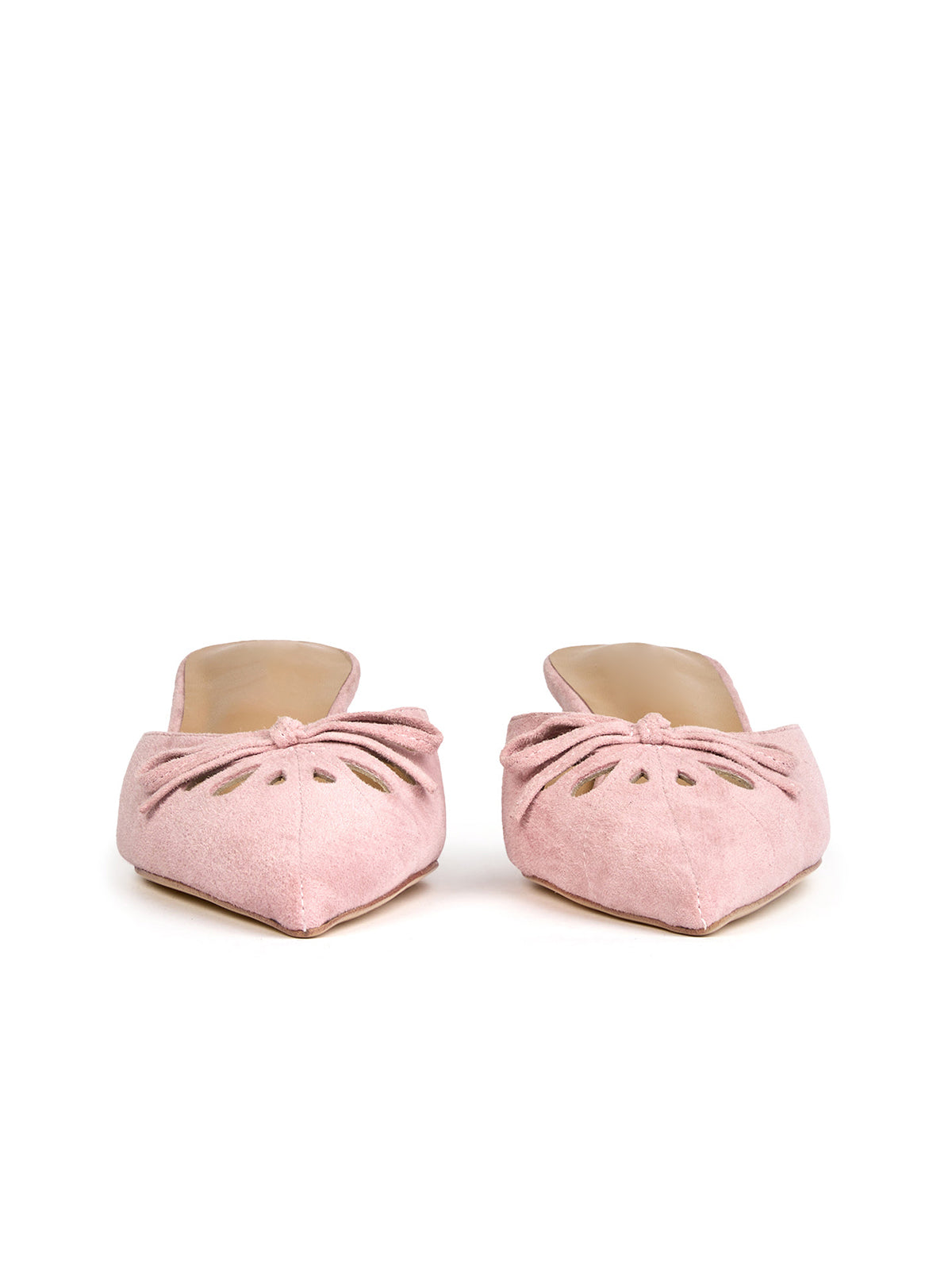 Pink Faux Suede Pointed-Toe Front Cut-Out And Bow Backless Kitten Heels