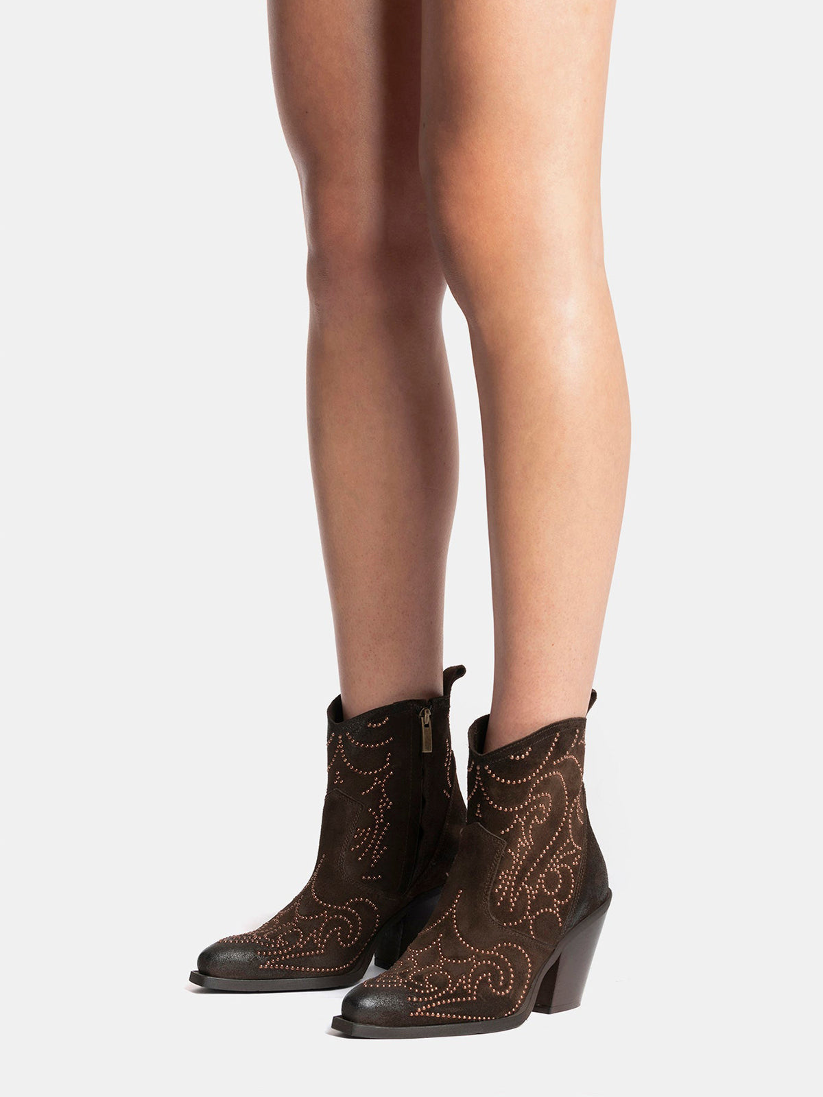 Dark Brown Faux Suede Snip-Toe Studded Full-Zip Ankle Cowgirl Boots