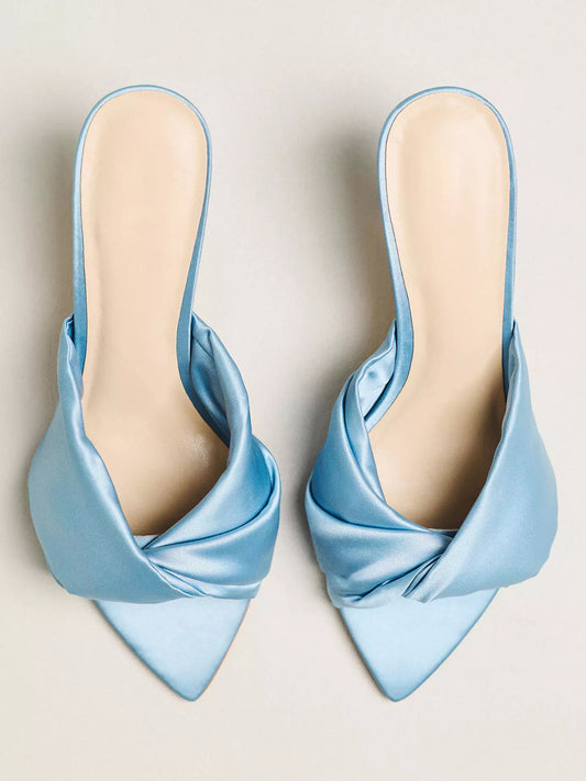 Satin Open Pointed-Toe Front Strap Backless Mules High Heels - Blue