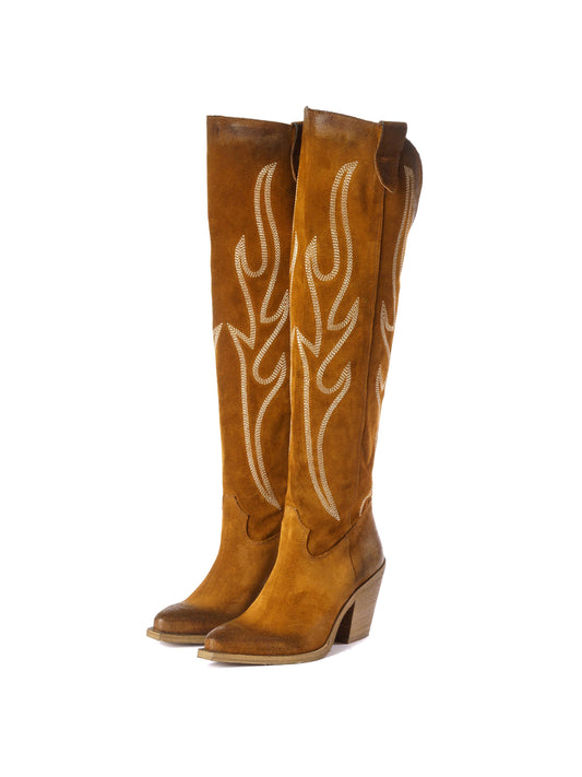 Brown Faux Suede Snip-Toe Half-Zip Chic Embroidery Knee High Cowgirl Boots