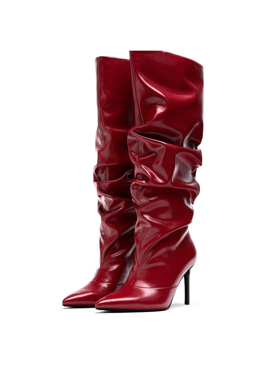 Red Pointed-Toe Slouchy Wide Calf Knee High Stiletto Boots