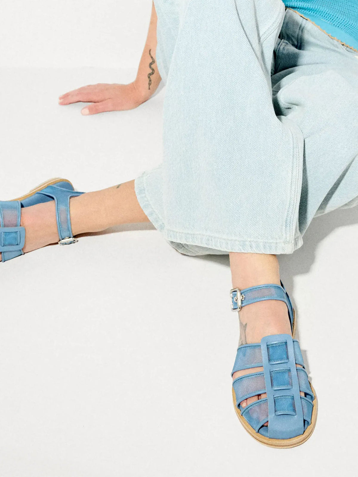 Blue Mesh Round-Toe Ankle Strap Fisherman Sandals Flats