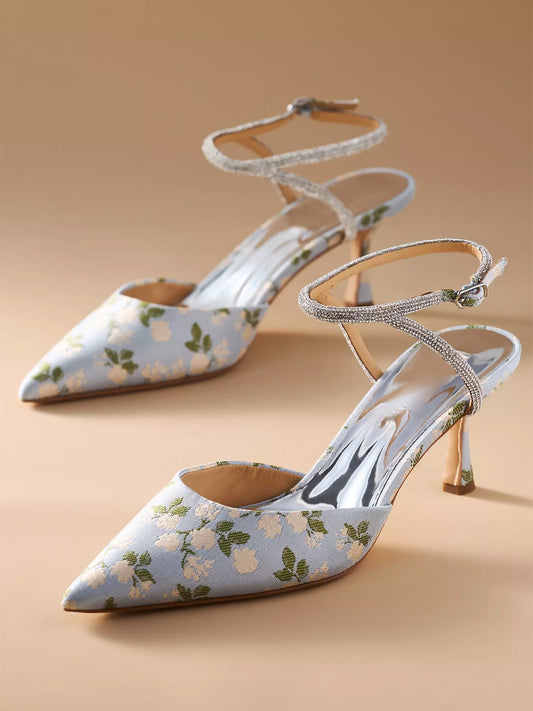 Blue Satin Pointed-Toe Floral Embroidery Ankle Strap High Heels
