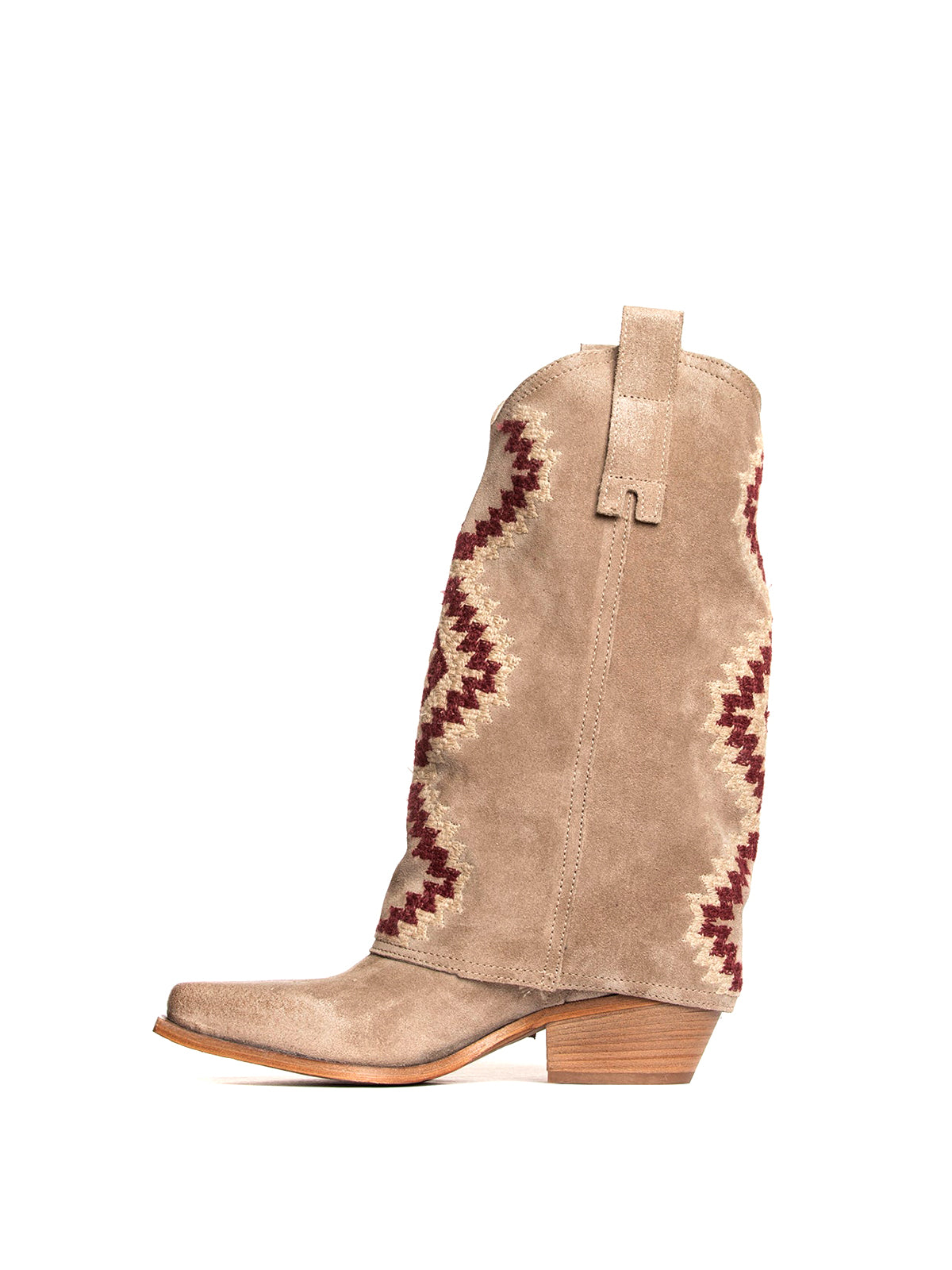 Side Fringe Snip-Toe Embroidery Fold-Over Mid Calf Cowgirl Boots - Sand Faux Suede