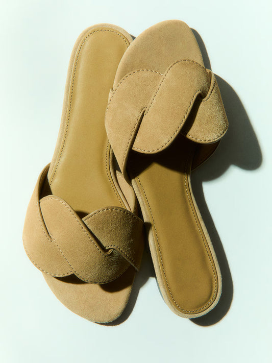 Sand Faux Suede Square-Toe Braided Strap Flats Sandals