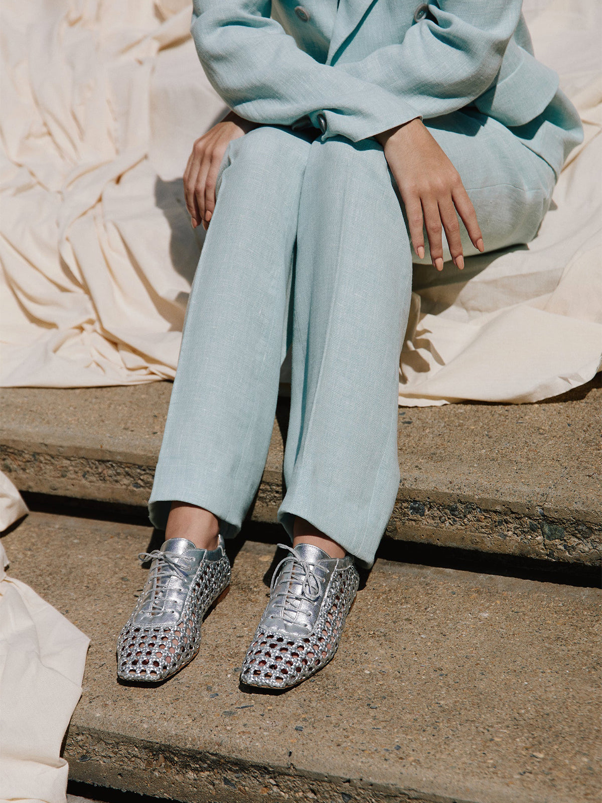 Metallic Silver Woven Vegan Leather Square-Toe Chic Lace-Up Flats