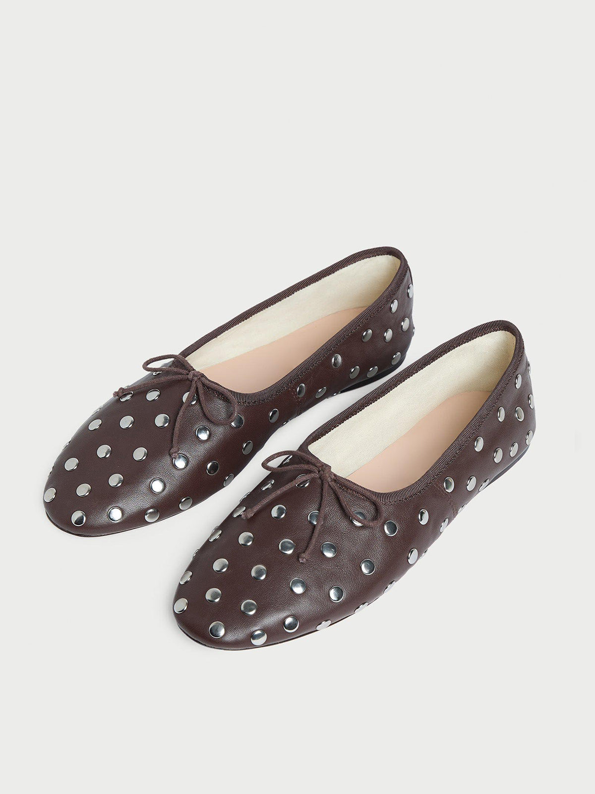 Dark Brown Round-Toe Front Bow Ballet Flats With Studs