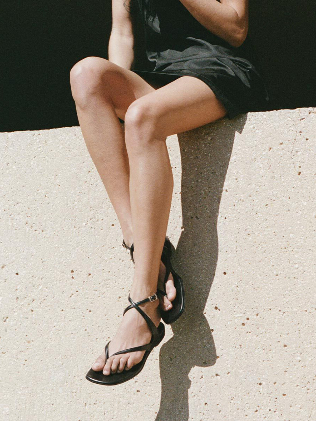 Black Square-Toe Strappy And Ankle Strap Chic Sandals Flats