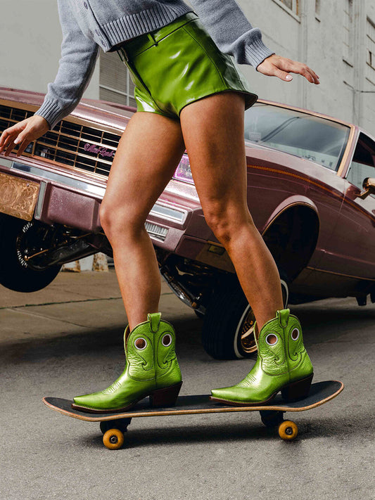 Metallic Green Stitch Cutout Snip-Toe Cowgirl Ankle Booties