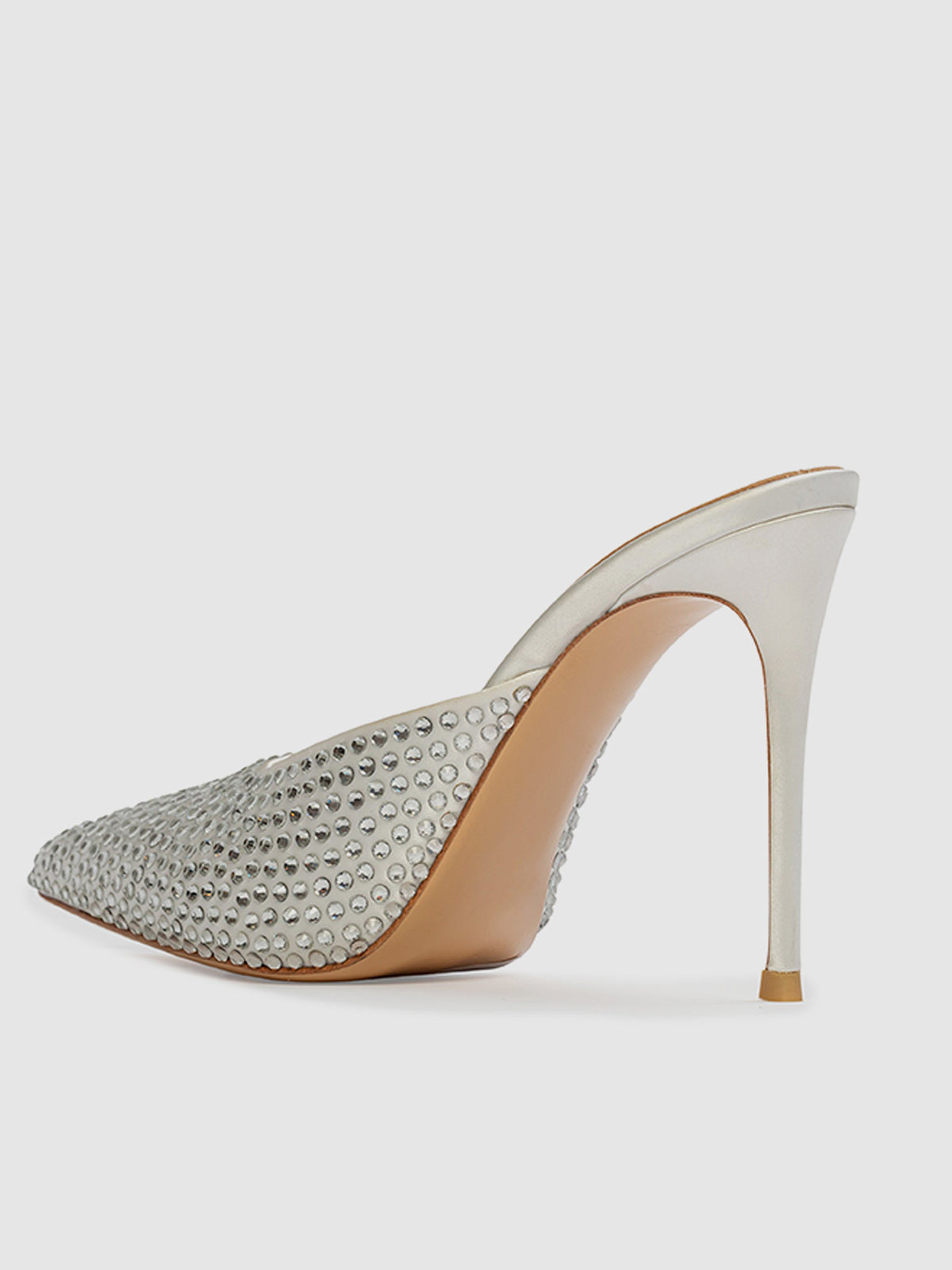 White Satin Pointed-Toe High Heels With Crystal Embellished Detail