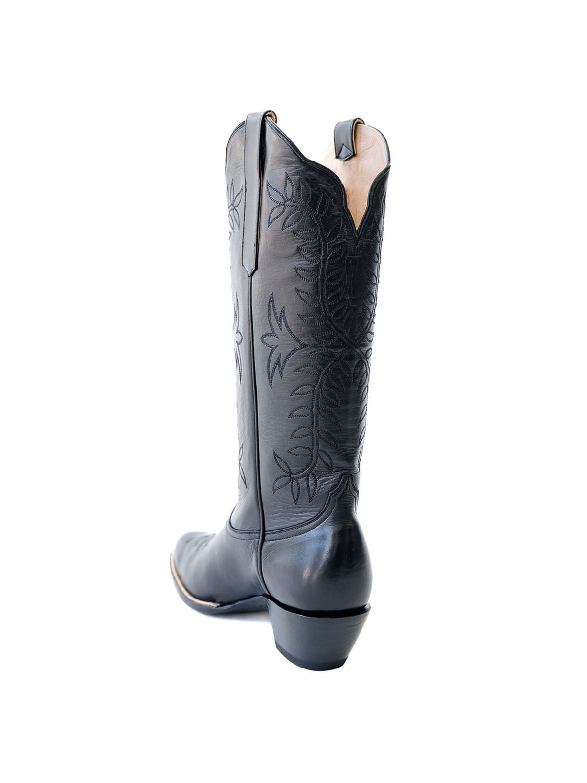 Leaves Embroidery Almond-Toe Wide Knee High Cowgirl Boots - Black