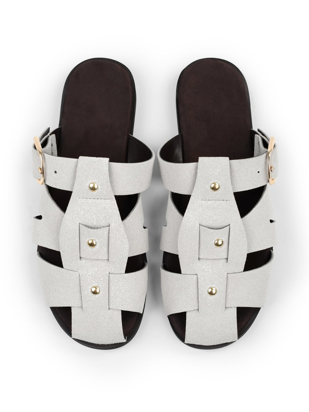 Gray Cow Suede Round-Toe Caged Detail And Studs Backless Flats