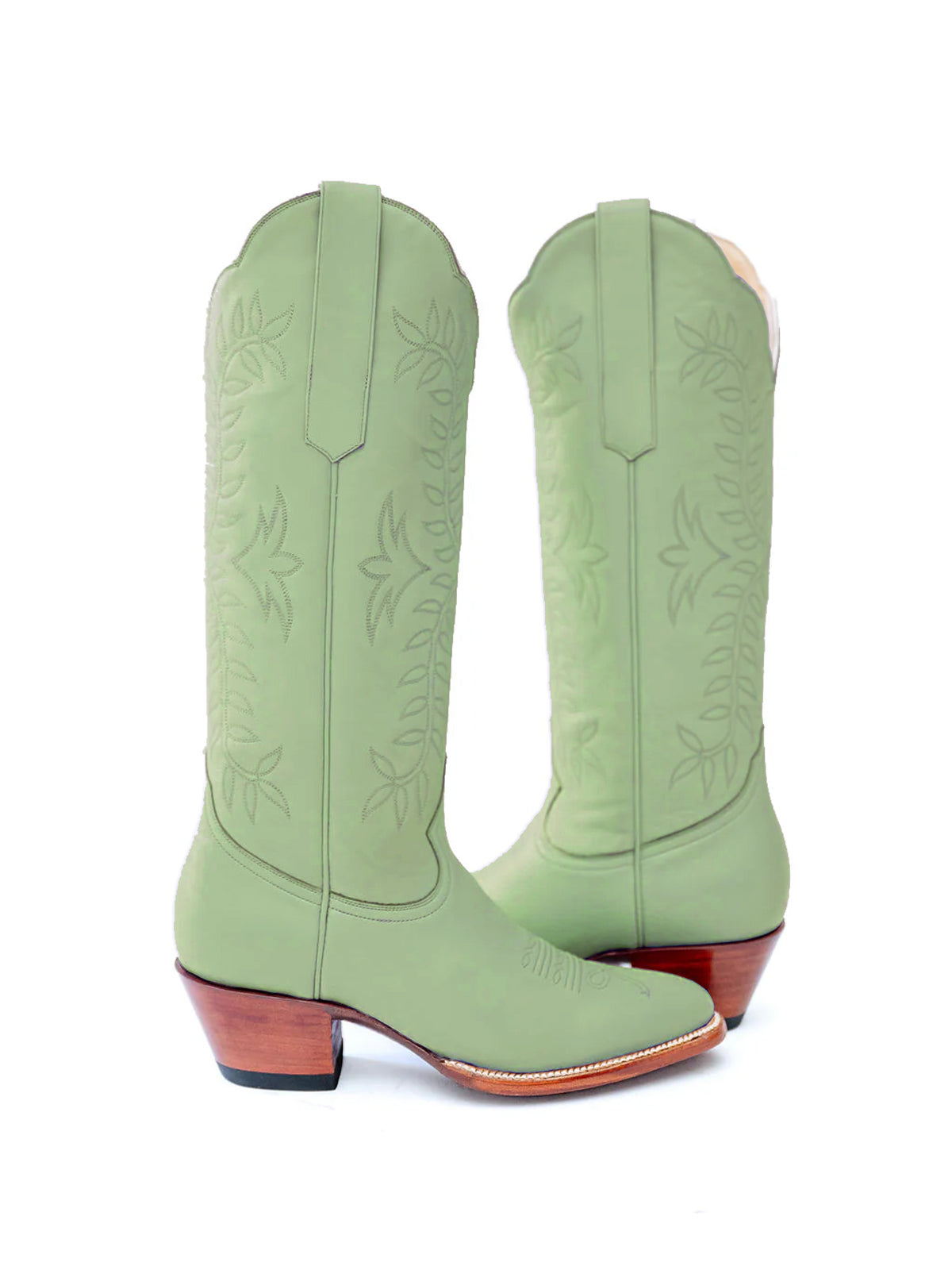 Leaves Embroidery Almond-Toe Wide Knee High Cowgirl Boots - Green