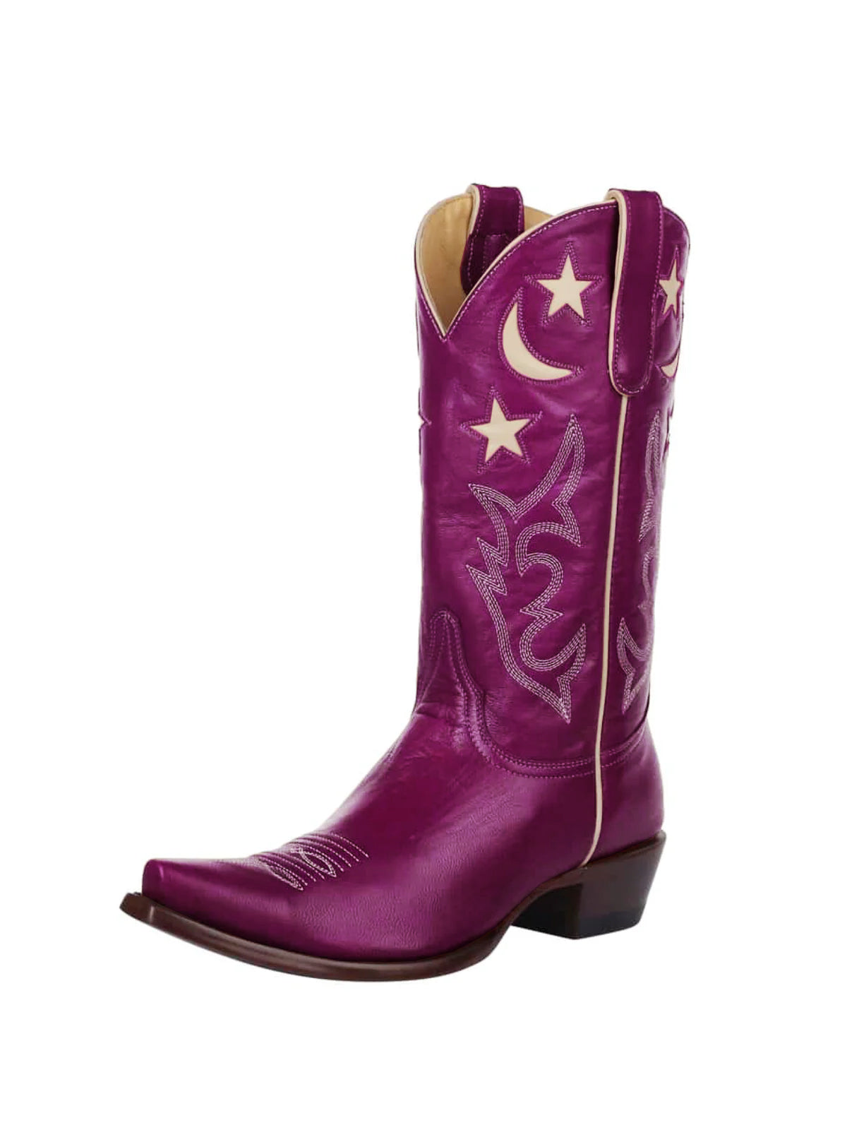 Fuchsia Snip-Toe Moon And Star Inlay Embroidery Mid Calf Cowgirl Boots