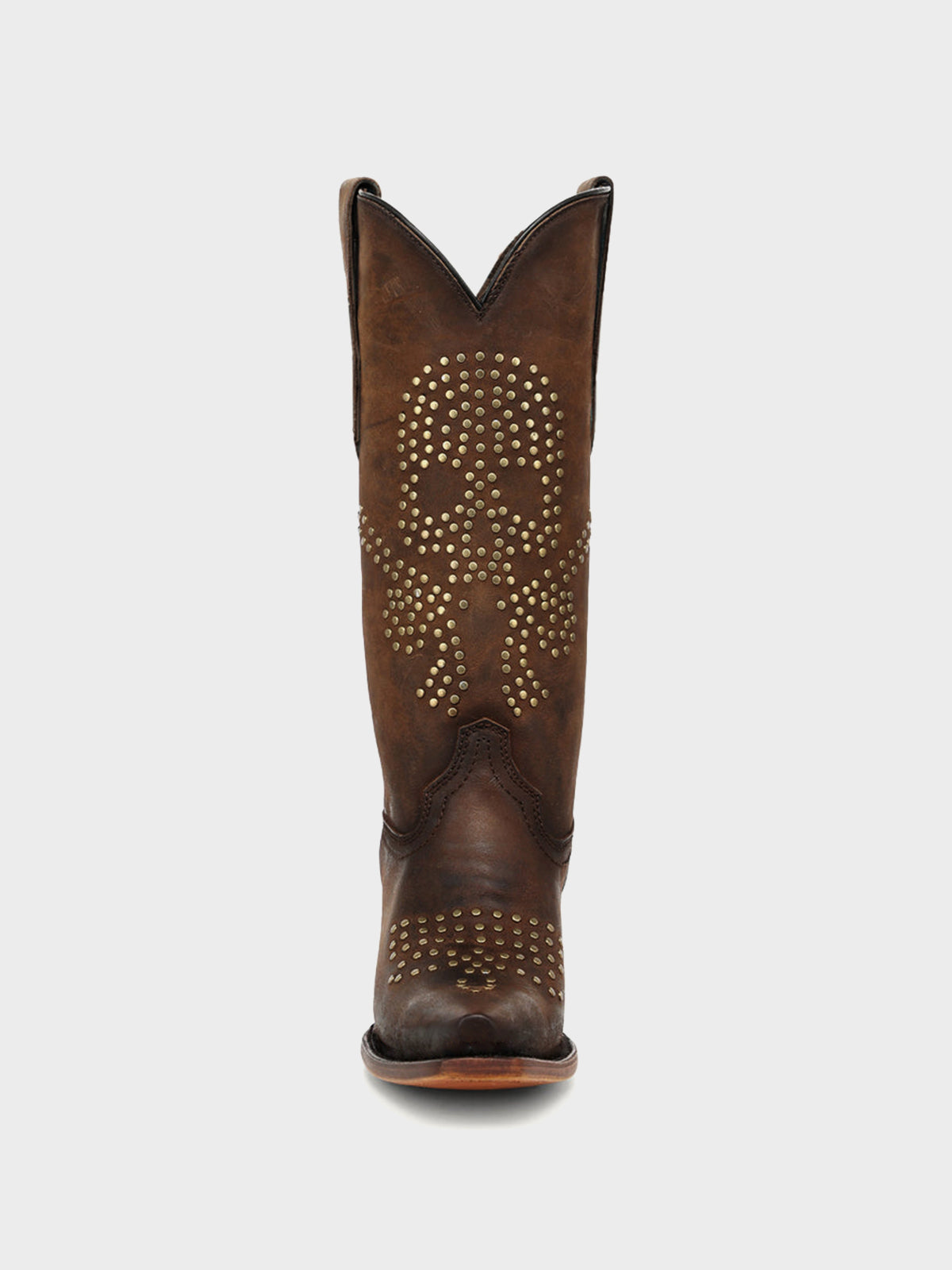 Brown Snip-Toe Skull Design With Studs Mid Calf Cowgirl Boots