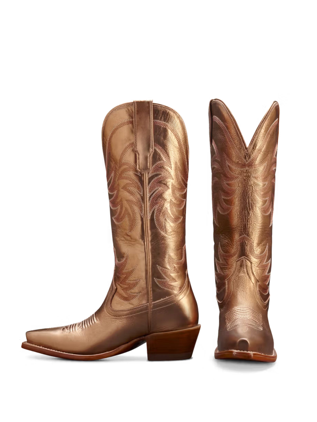 Metallic Copper Snip-Toe Embroidery Wide Calf Knee High Cowgirl Boots
