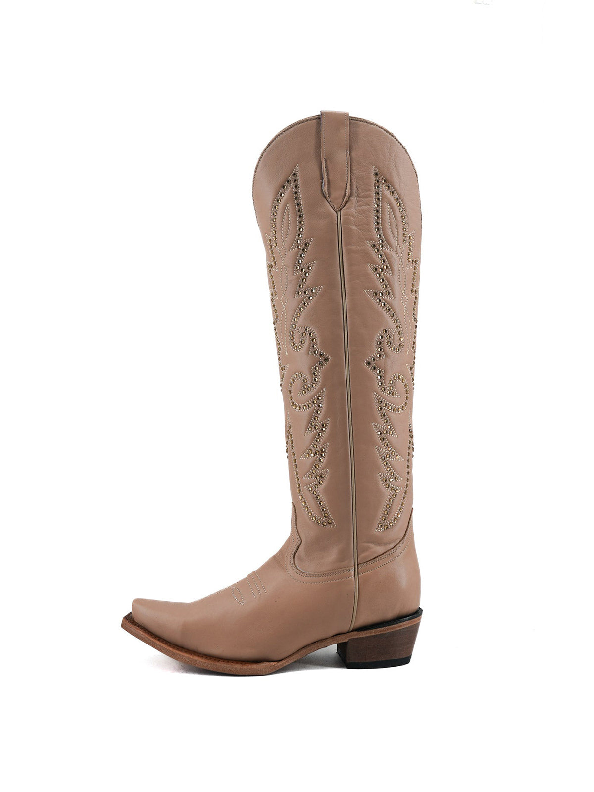Studs And Embroidery Snip-Toe Classic Half-Zip Knee High Cowgirl Boots – Nude