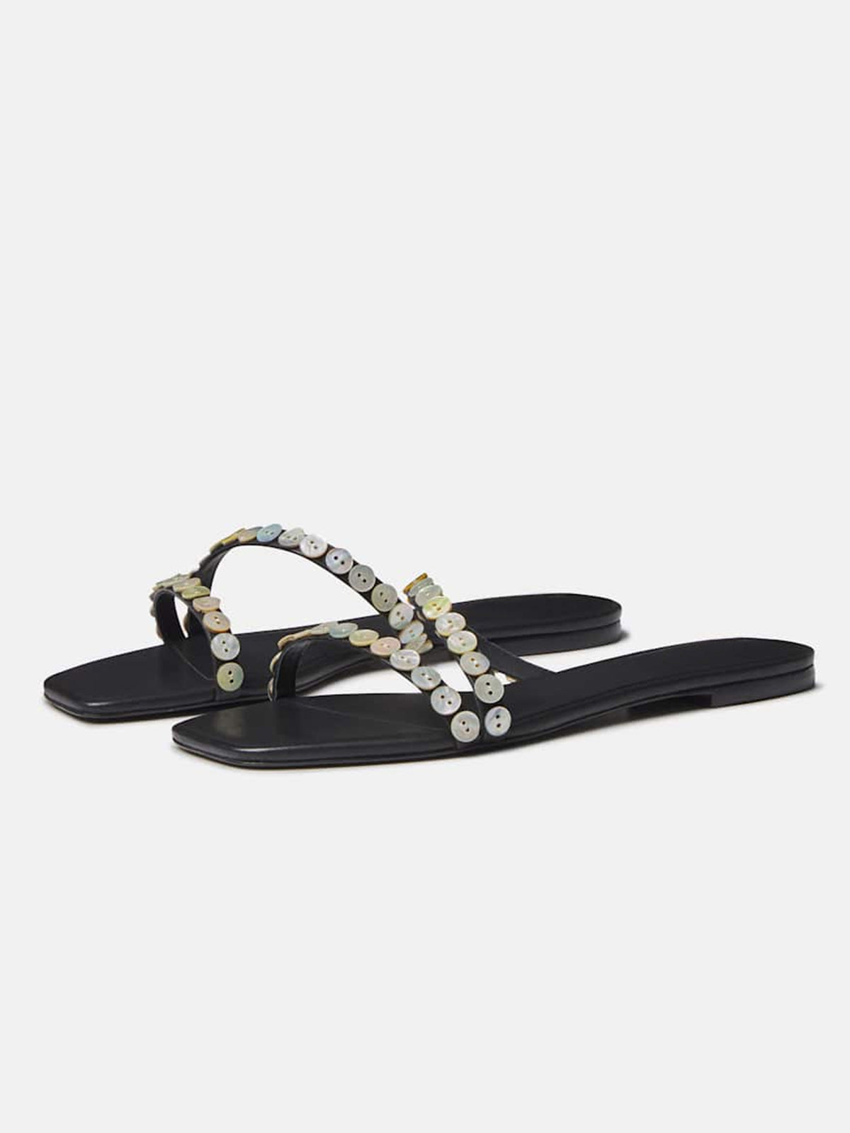 Black Square-Toe Double Straps With Button Embellishments Flat Sandals