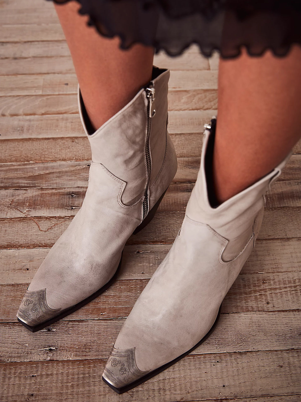 Metal Snip-Toe Full-Zip Classic Cowgirl Ankle Boots - Gray