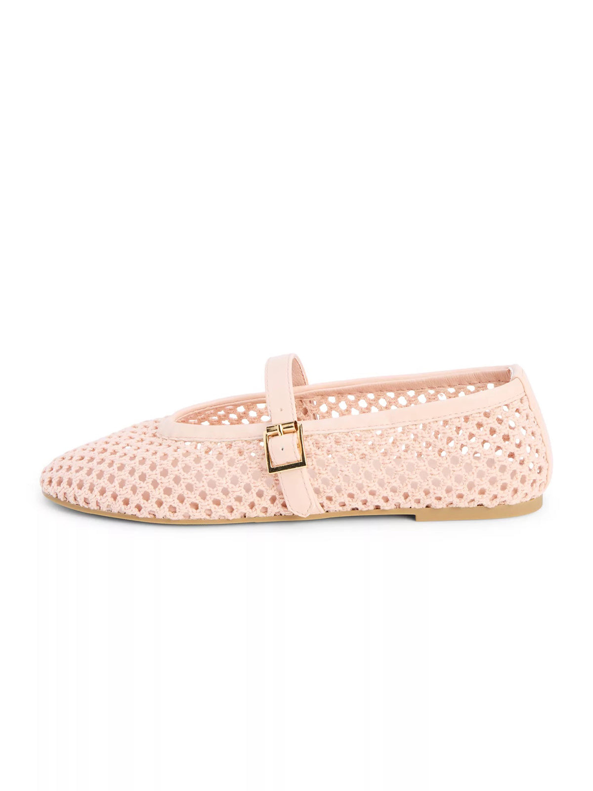 Blush Pink Grass Woven Round-Toe Buckle Mary Jane Chic Flats