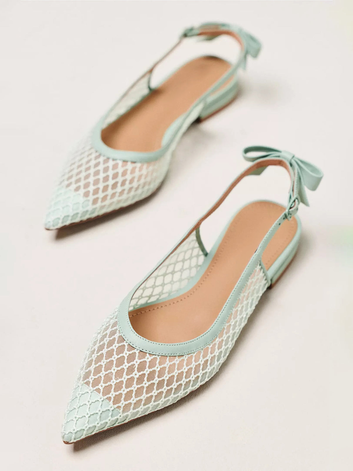 Light Green Mesh Pointed-Toe Slingback Back Bow Flats