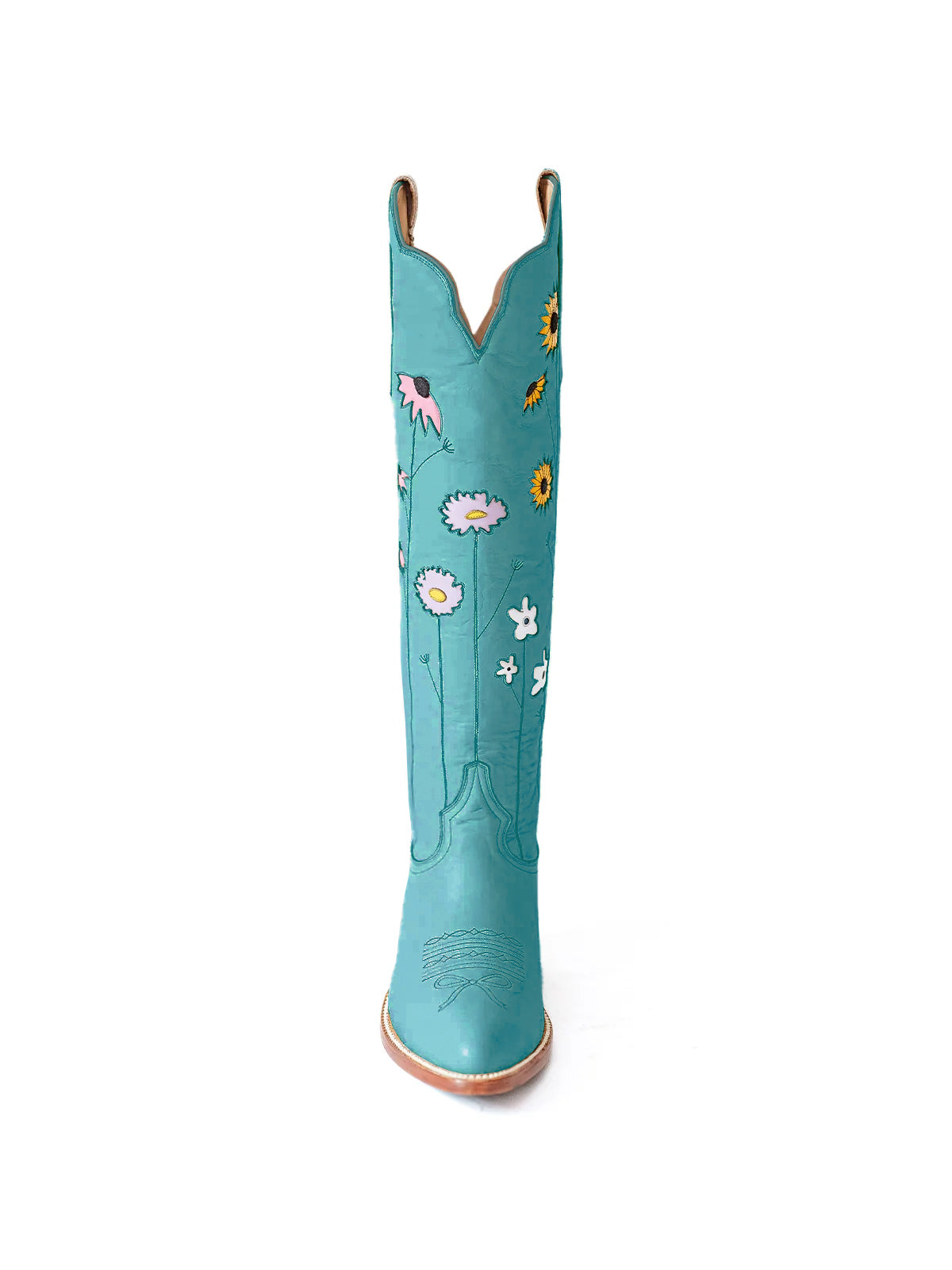 Teal Almond-Toe Colorful Flowers Inlay Wide Calf Knee High Cowgirl Boots