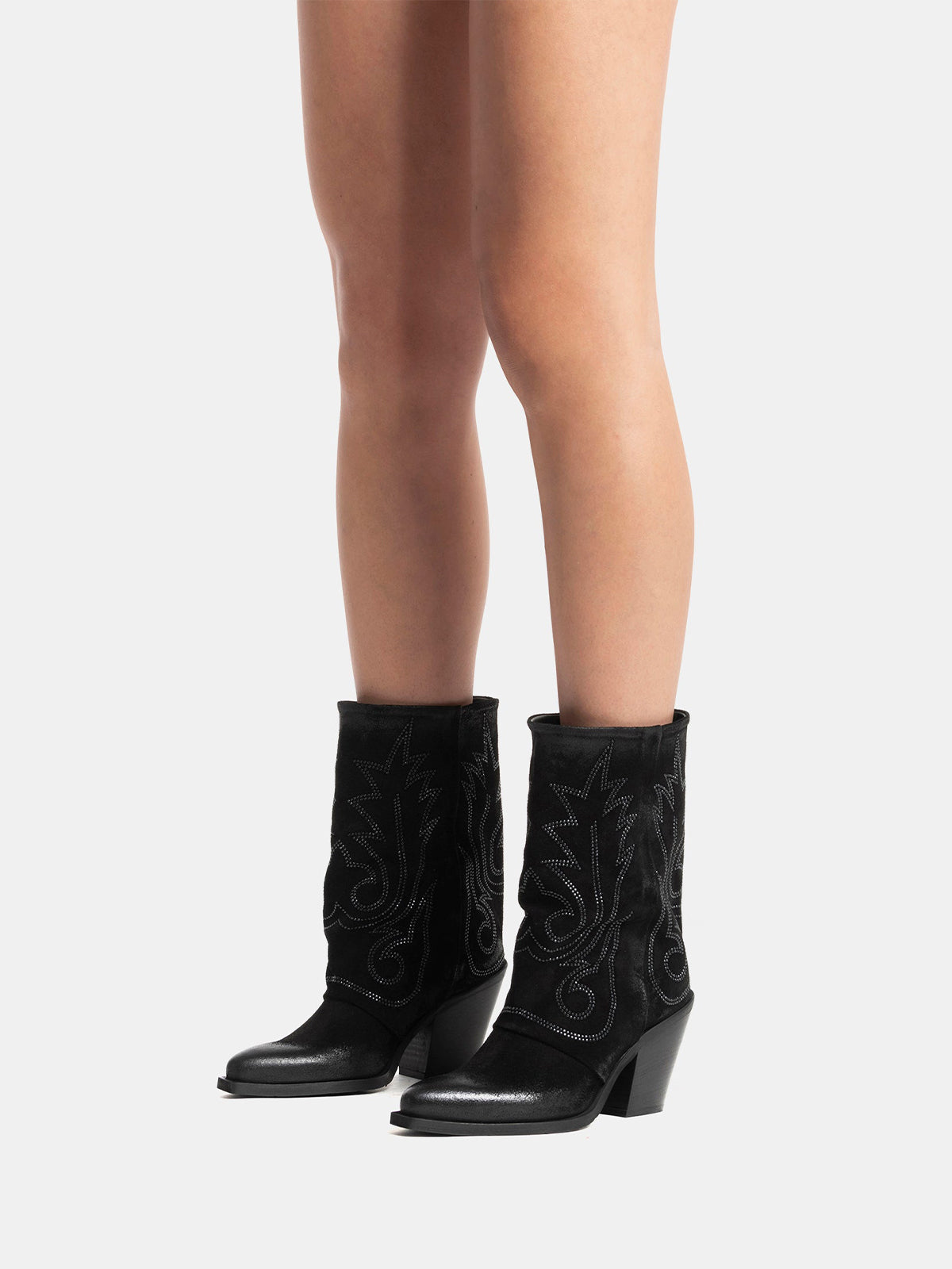 Black Snip-Toe Faux Suede Embroidery Mid Calf Cowgirl Boots