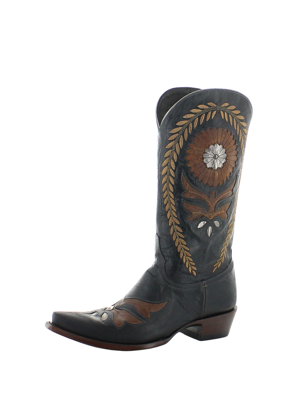 Black Snip-Toe Sunflower Inlay Rice Ears Embroidery Mid Calf Cowgirl Boots
