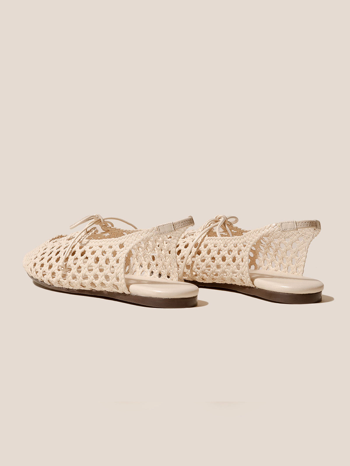 Ivory Woven Vegan Leather Round-Toe Lace-Up And Back Strap Flats