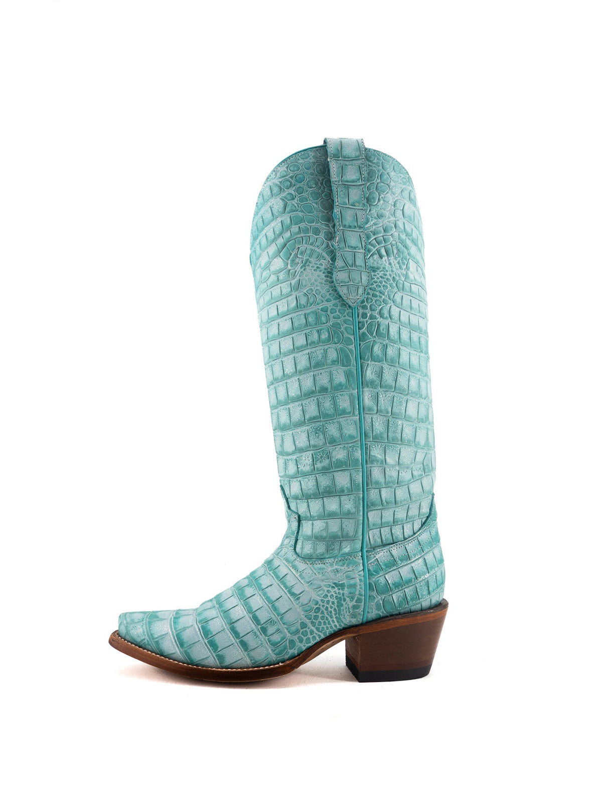 Turquoise Crocodile Print Snip-Toe Half-Zip Knee High Cowgirl Boots