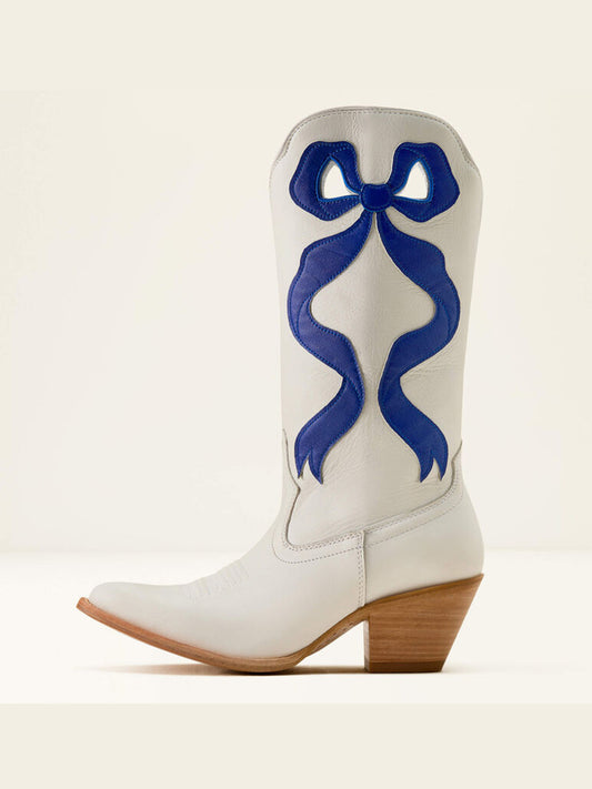 Ivory Almond-Toe Blue Side Big Bow Applique Mid Calf Cowgirl Boots