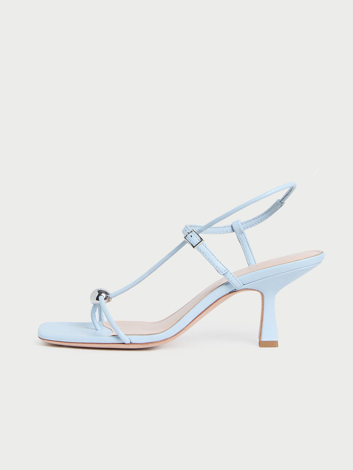Blue Square-Toe Buckle Strappy Kitten Heels With One Silver Ball