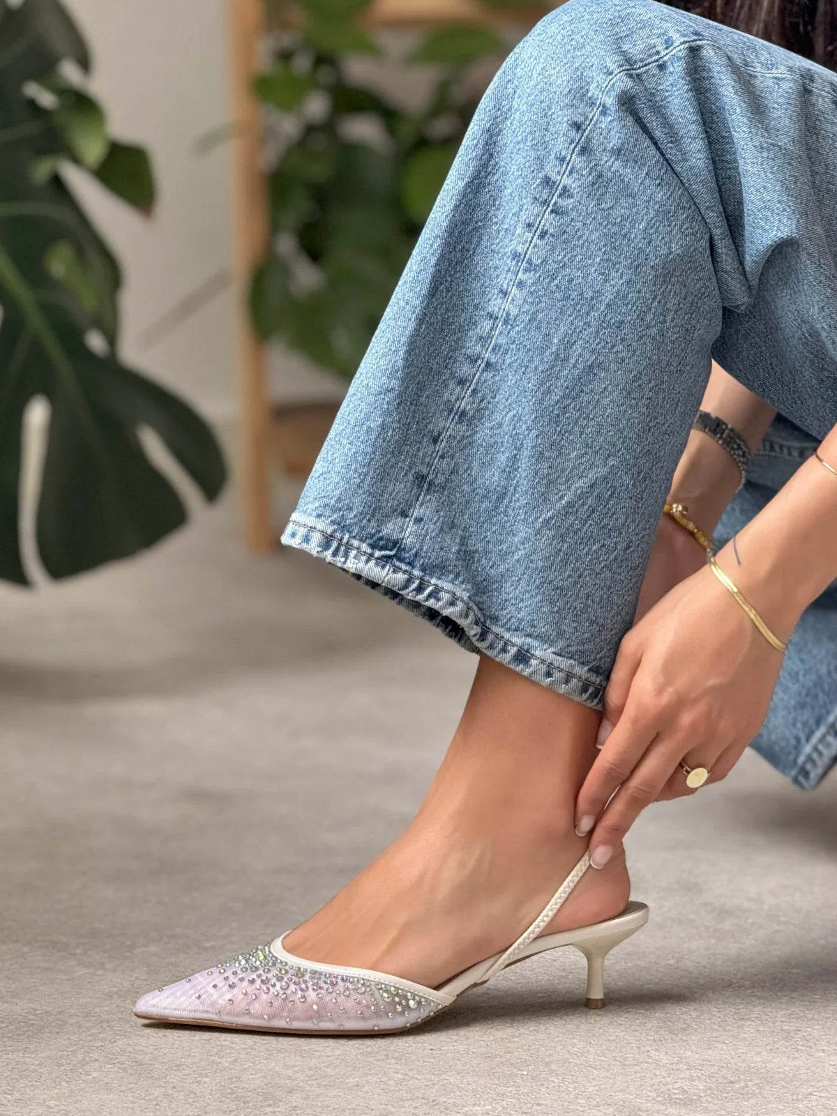 White Rhinestone Mesh Pointed-Toe Slingback Kitten Heels