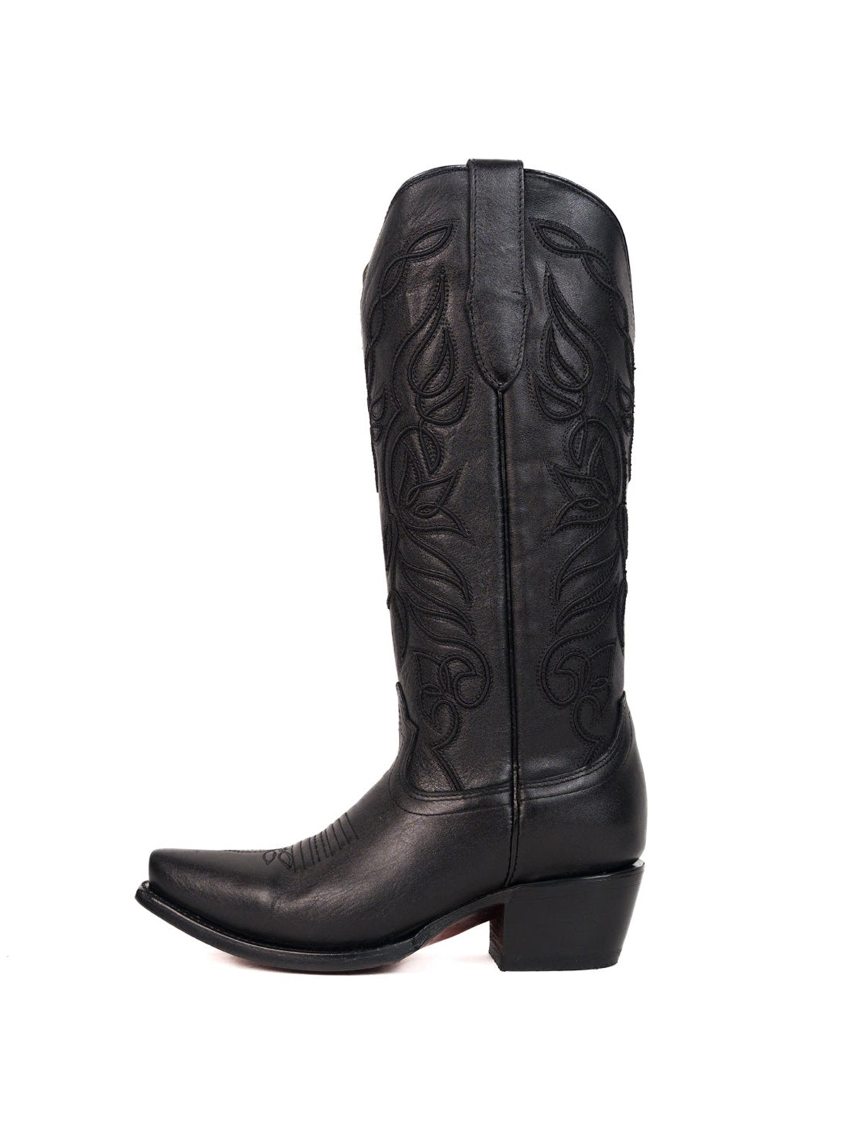 Snip-Toe Sleek Embroidery Half-Zip Knee High Cowgirl Boots For Woman - Black