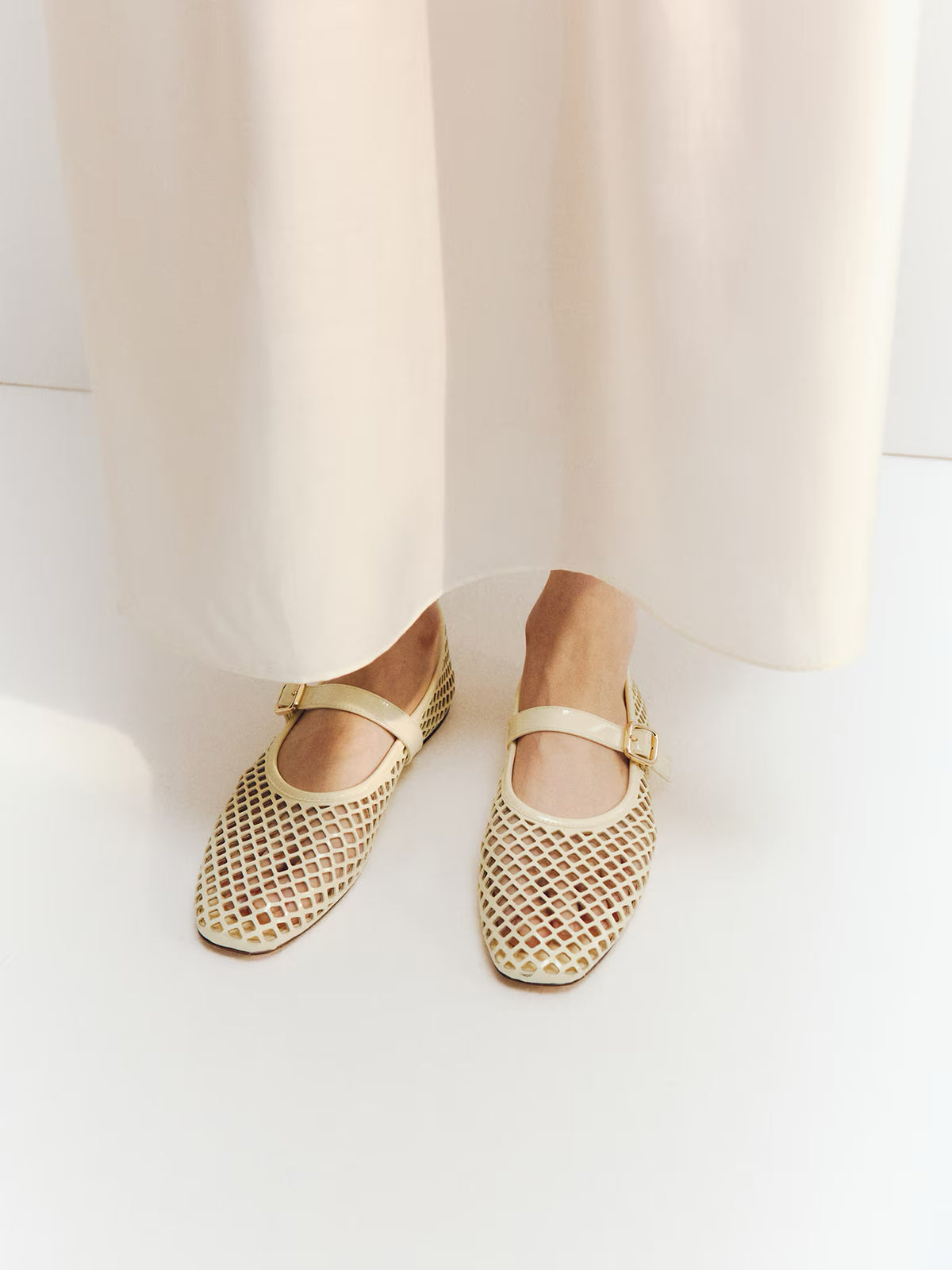 Perforated Square-Toe Bridge Strap Mary Jane Ballet Flats - Bone Patent