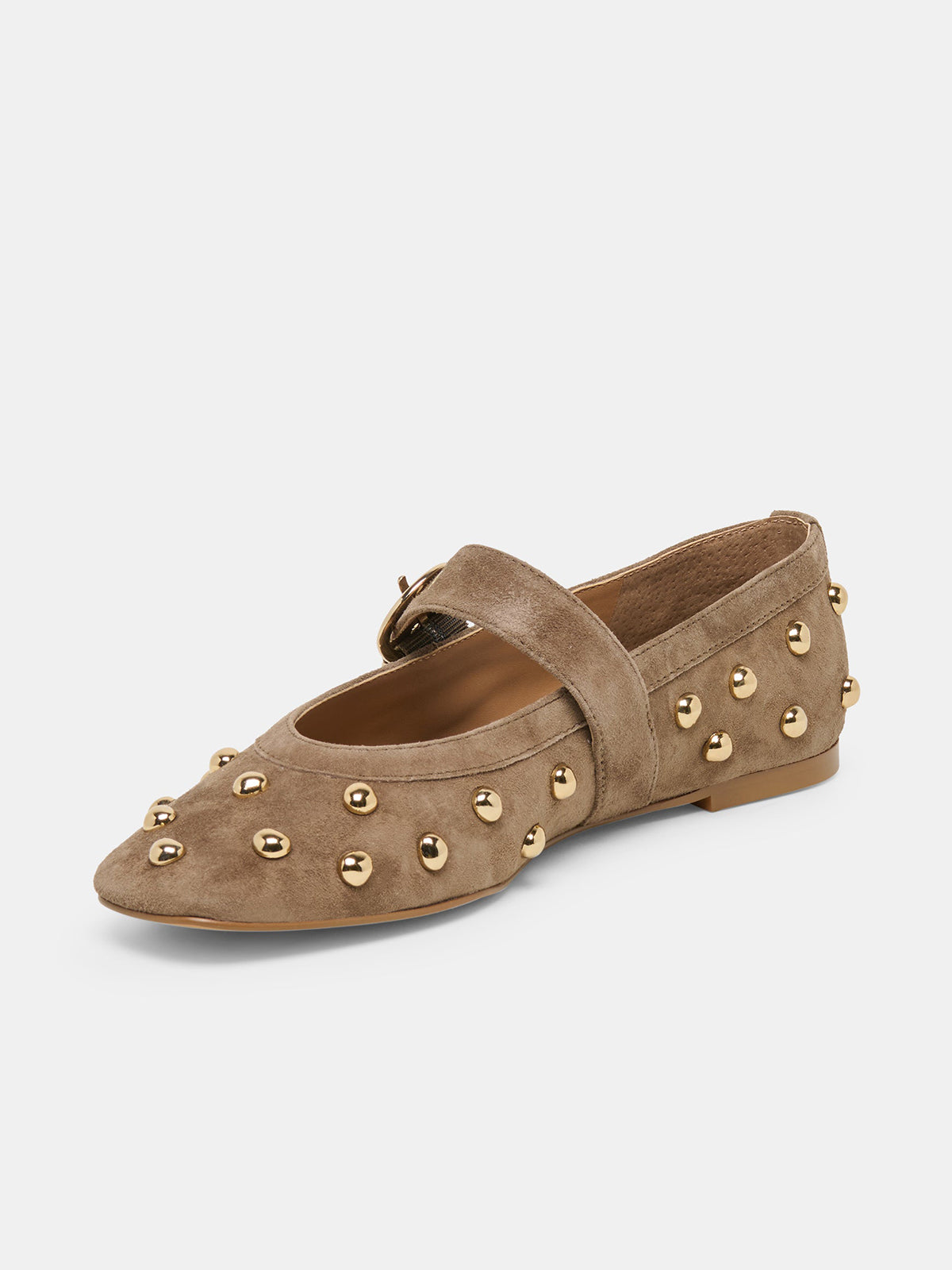 Olive Green Faux Suede Square-Toe Studs And Mary Jane Ballet Flats