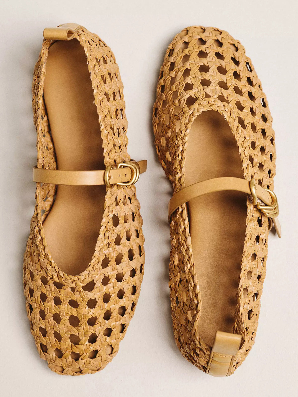 Brown Woven Vegan Leather Square-Toe Chic Buckle Bridge Strap Ballet Flats
