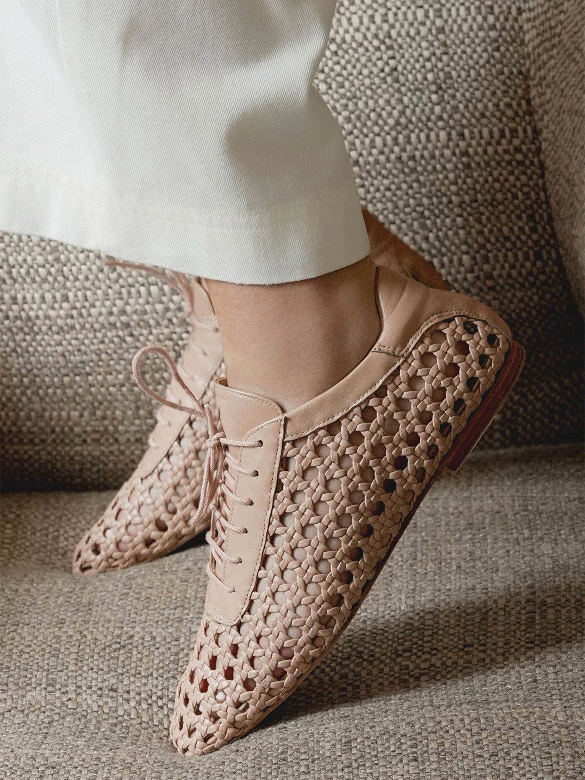 Nude Woven Vegan Leather Square-Toe Chic Lace-Up Flats