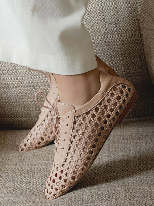 Nude Woven Vegan Leather Square-Toe Chic Lace-Up Flats