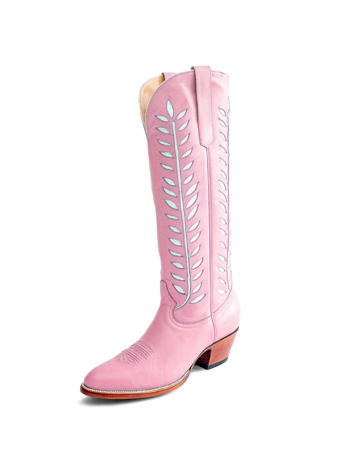 Almond-Toe White Leaves Inlay Wide Calf Tall Knee High Cowgirl Boots - Pink