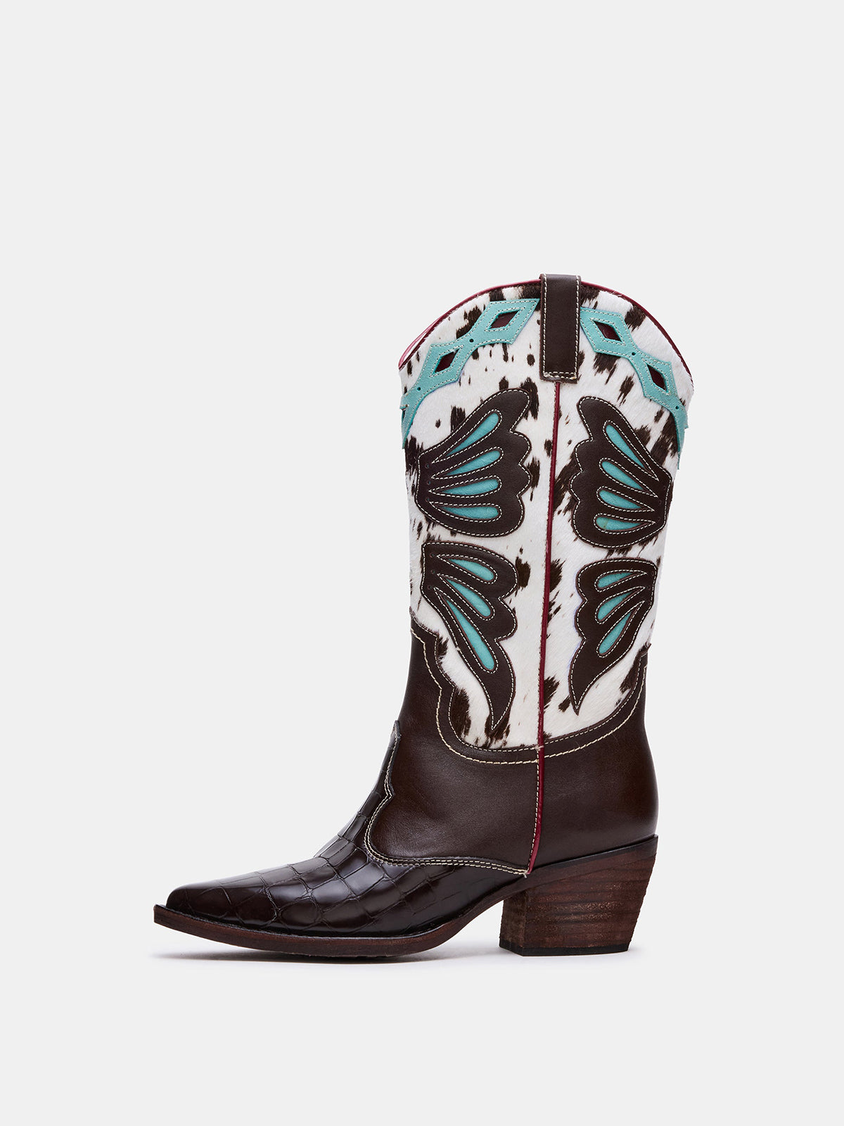 Contrast Tri-Color Crocodile And Cow Print Pointed-Toe Butterfly Inlay Mid Calf Cowgirl Boots