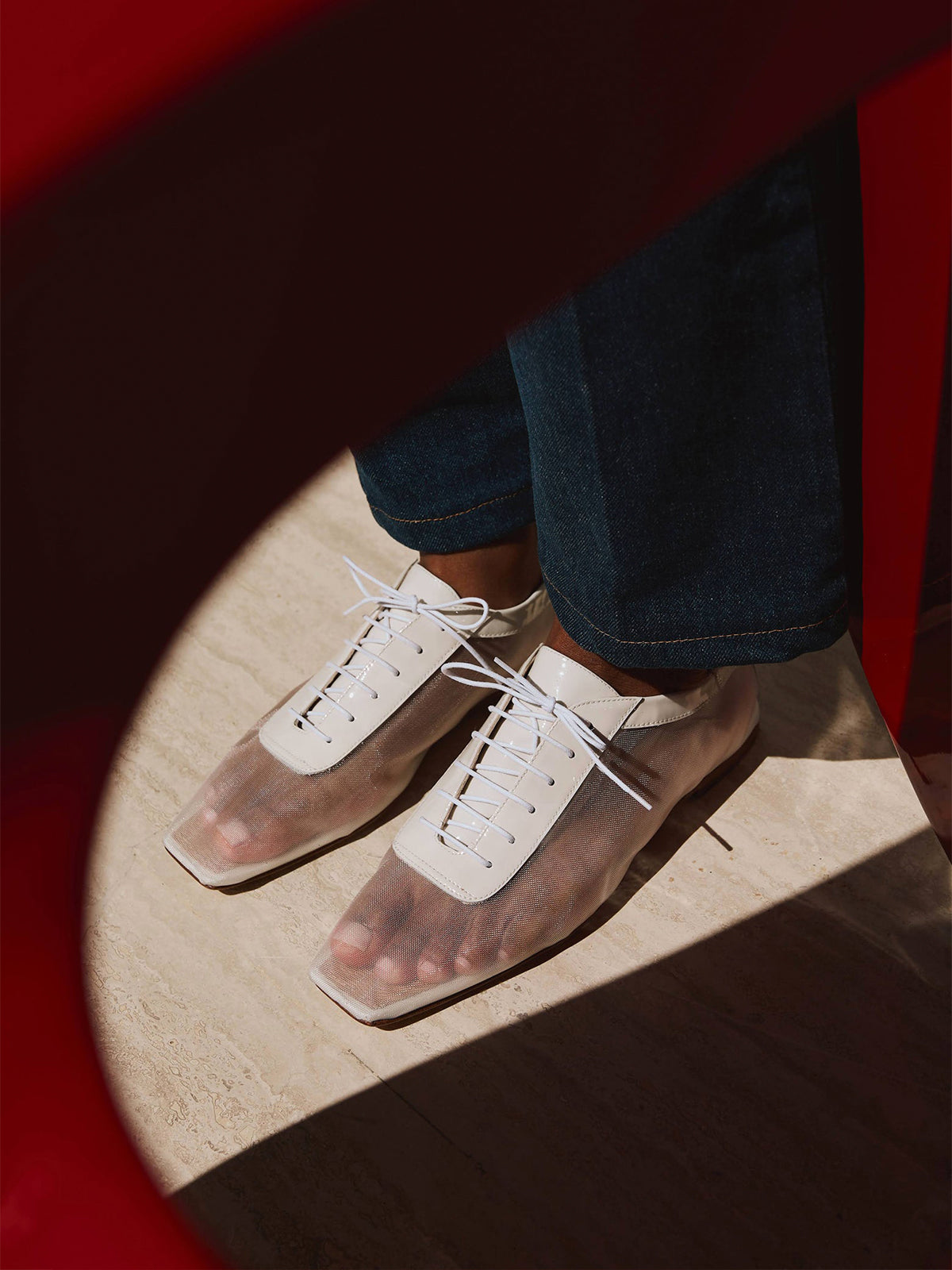 White Mesh And Vegan Leather Square-Toe Lace-Up Simple Flats