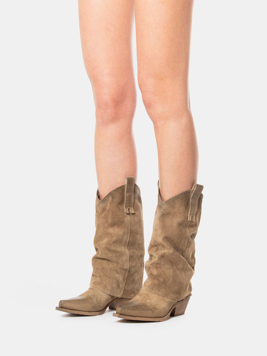 Tan Faux Suede Snip-Toe Mid Calf Fold-Over Cowgirl Boots