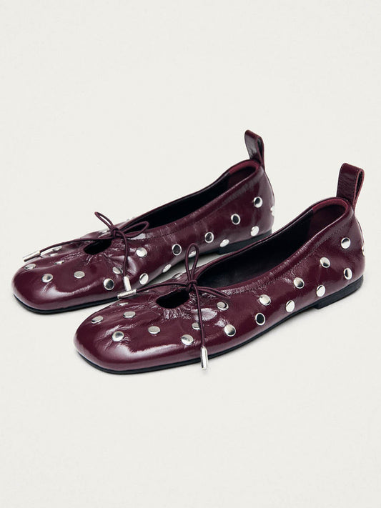 Patent Burgundy Square-Toe Full Studs And Front Bow Chic Ballet Flats