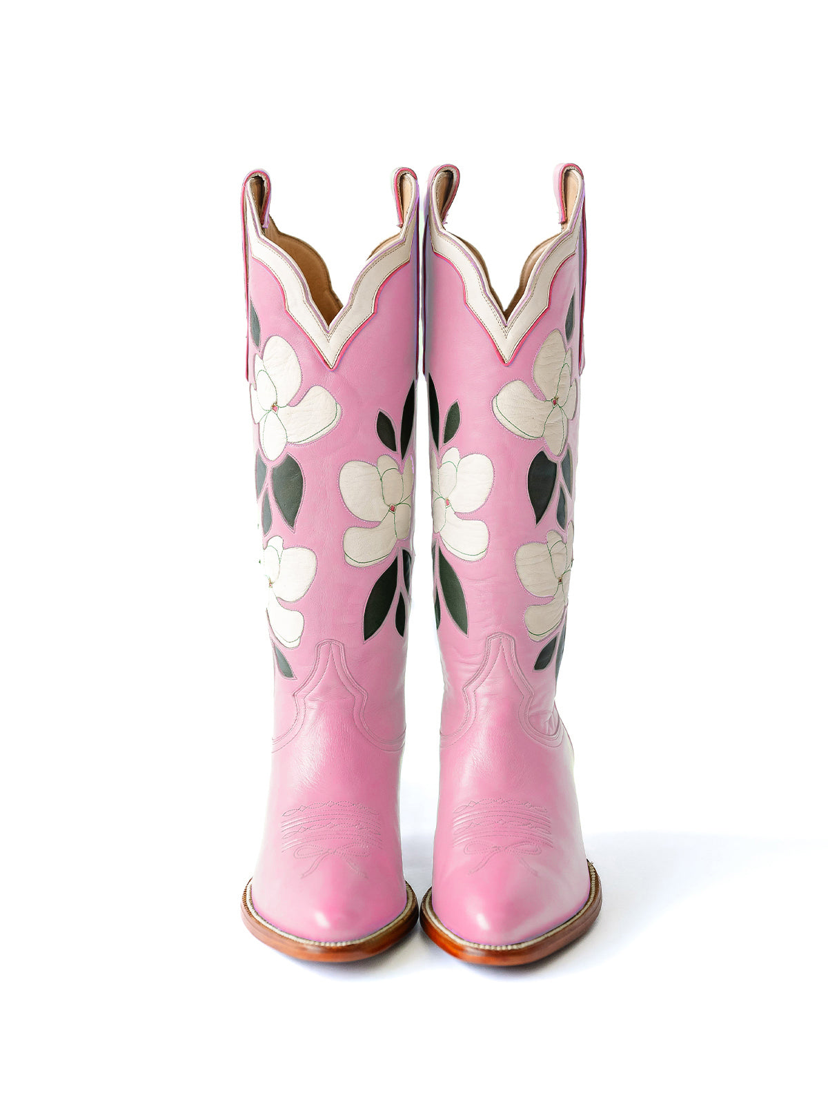 Pink Almond-Toe White Flower Inlay Wide Calf Knee High Cowgirl Boots