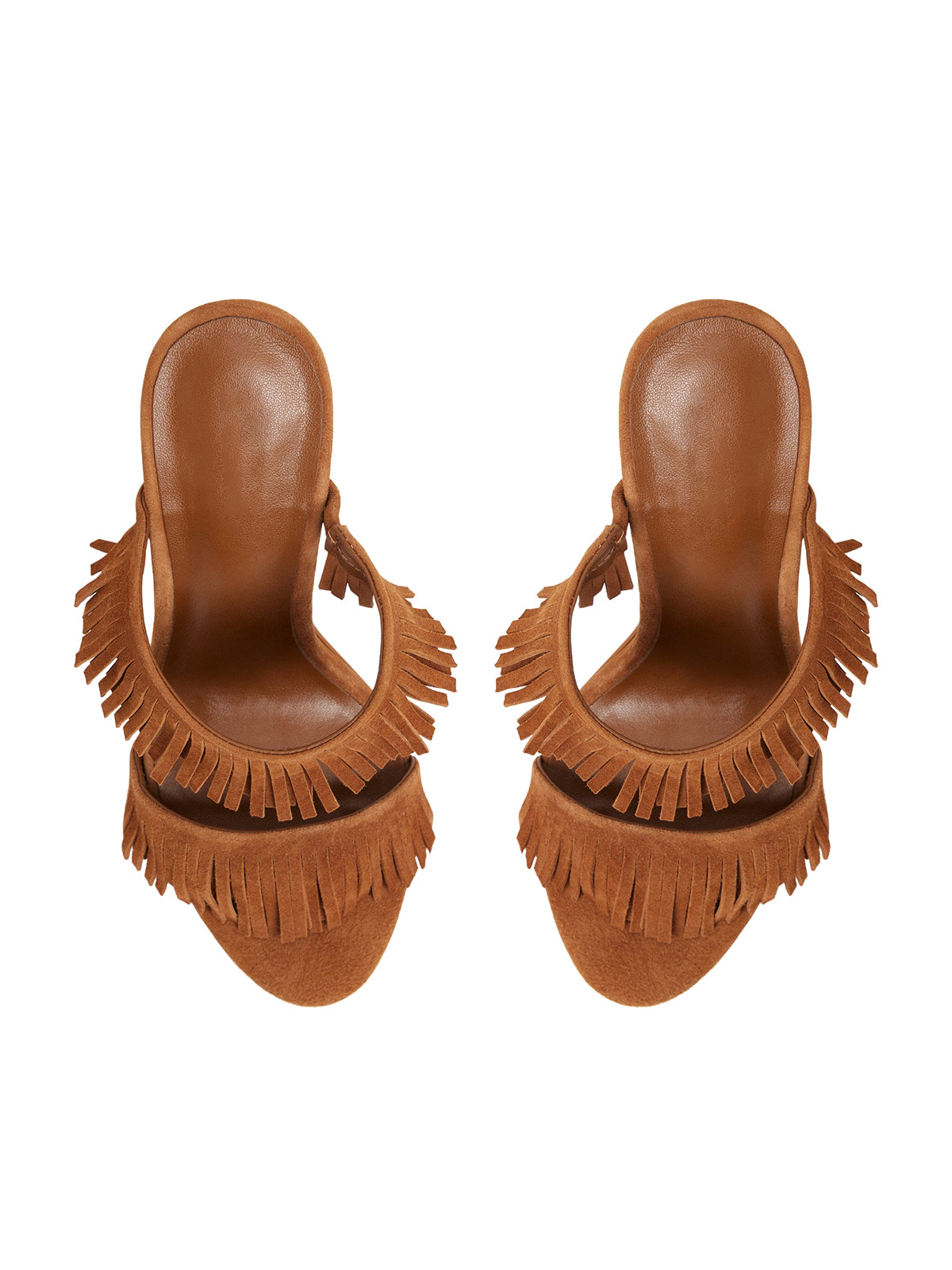 Brown Faux Suede Open Round-Toe Fringe High Heels
