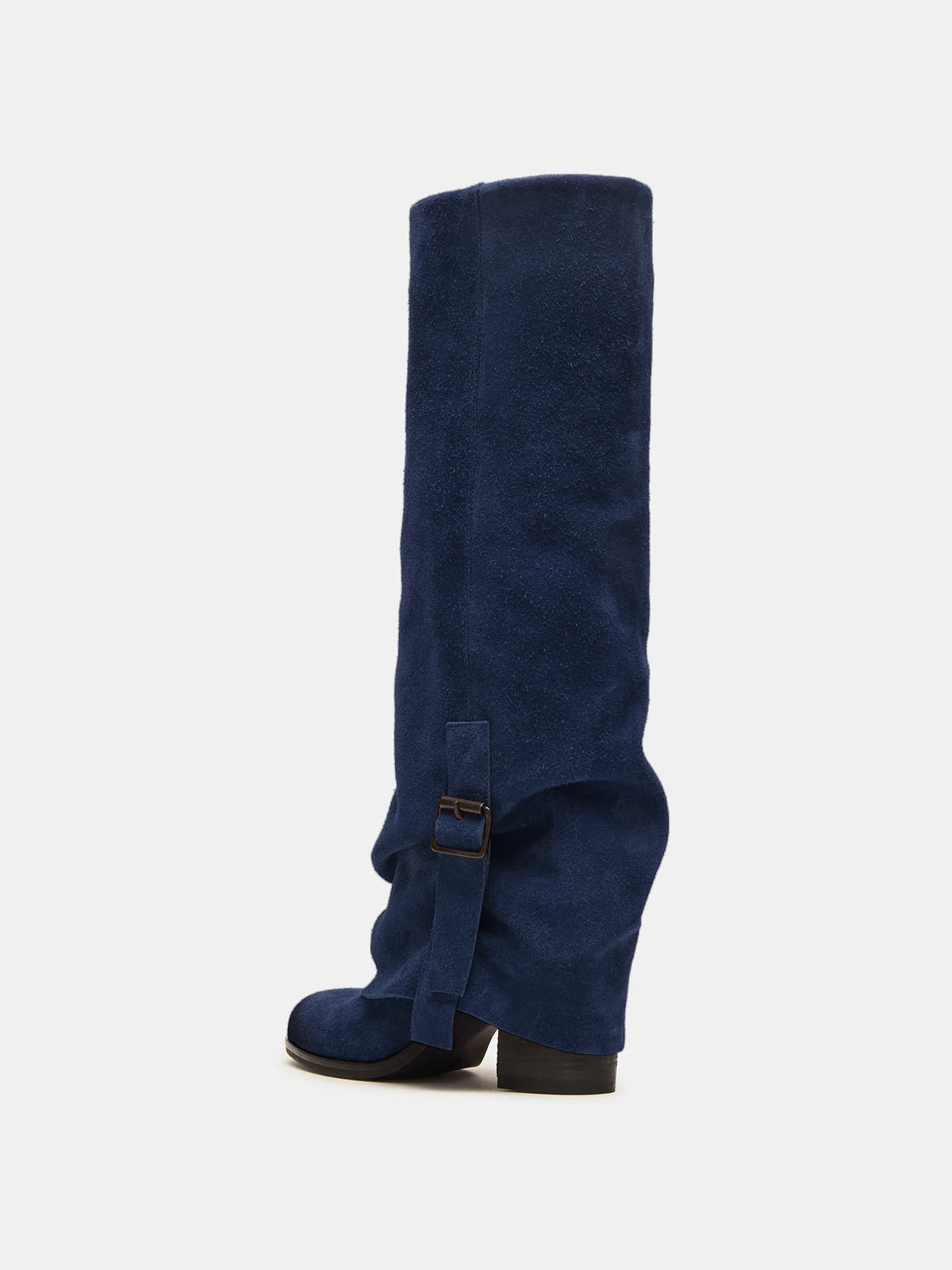 Purplish Blue Faux Suede Round-Toe Fold-Over Adjustable Buckle Knee High Cowgirl Boots