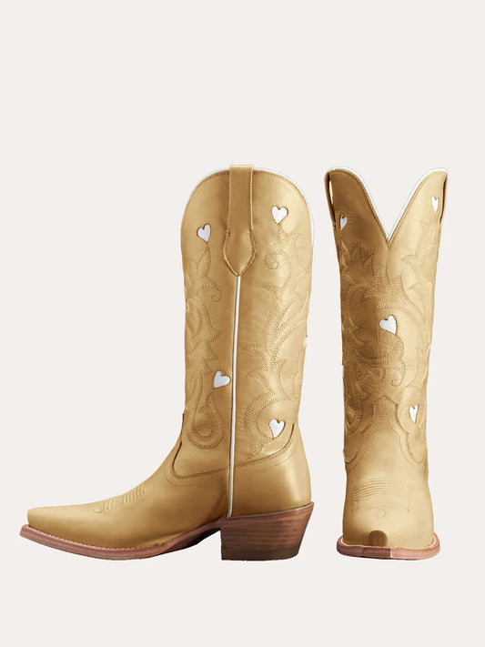 Yellow Snip-Toe Embroidery White Heart Inlay Mid Calf Cowgirl Boots