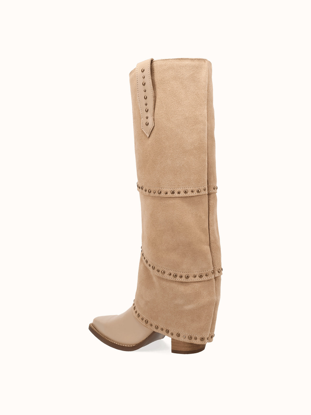 Sand Snip-Toe Faux Suede Fold-Over With Studs Wide Calf Knee High Cowgirl Boots