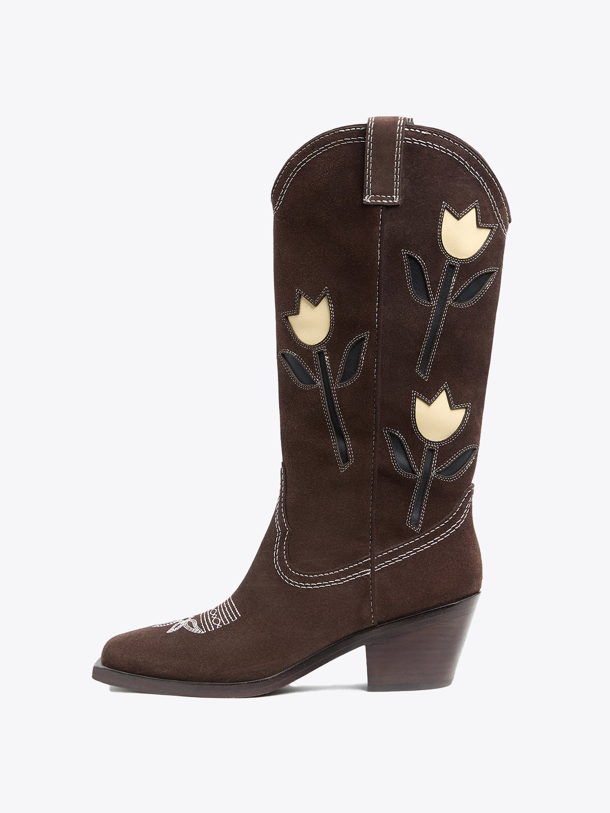 Brown Faux Suede Square-Toe Tulip Inaly Mid Calf Cowgirl Boots